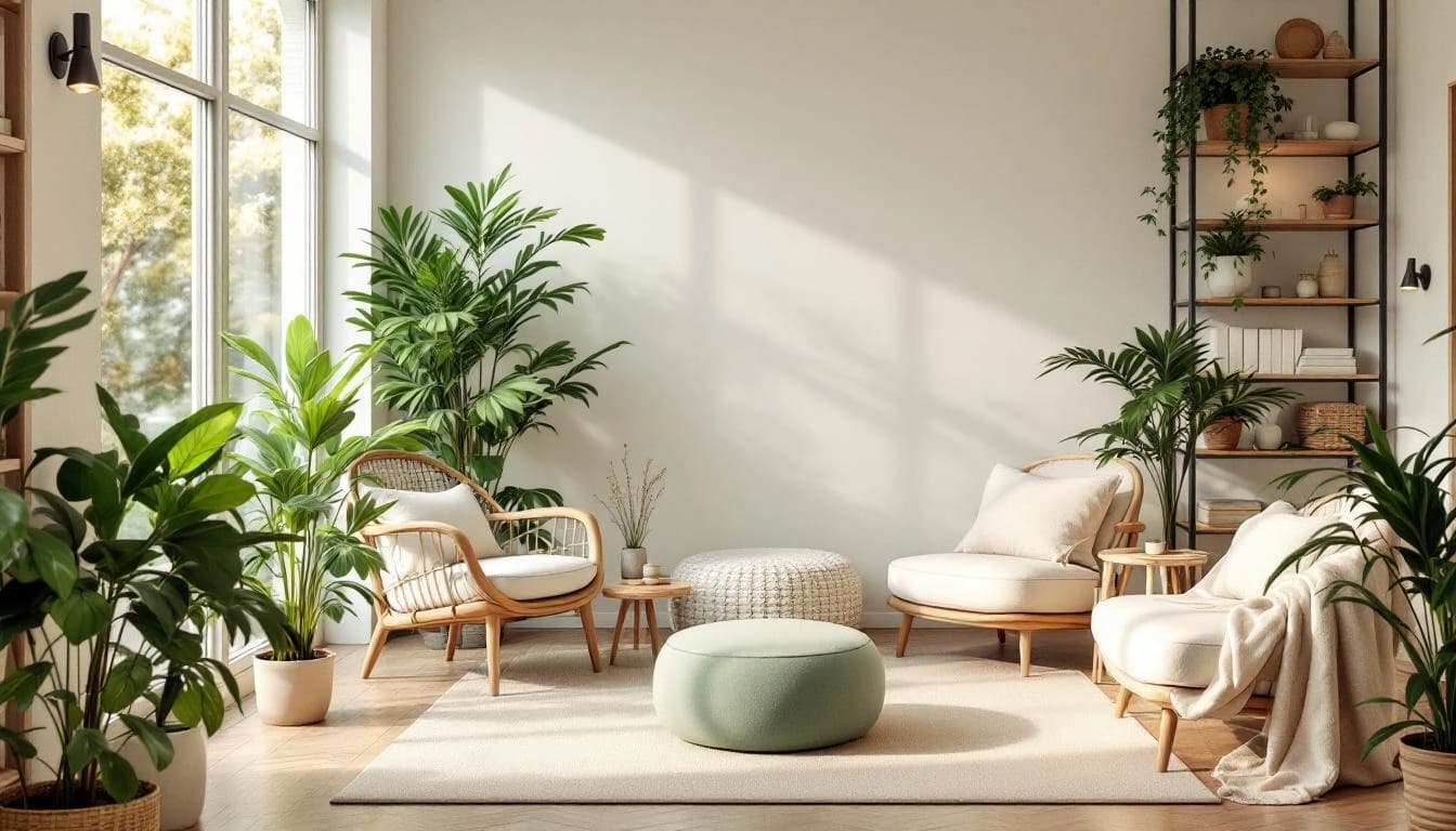 Espacio de bienestar calido y minimalista con plantas y luz natural
